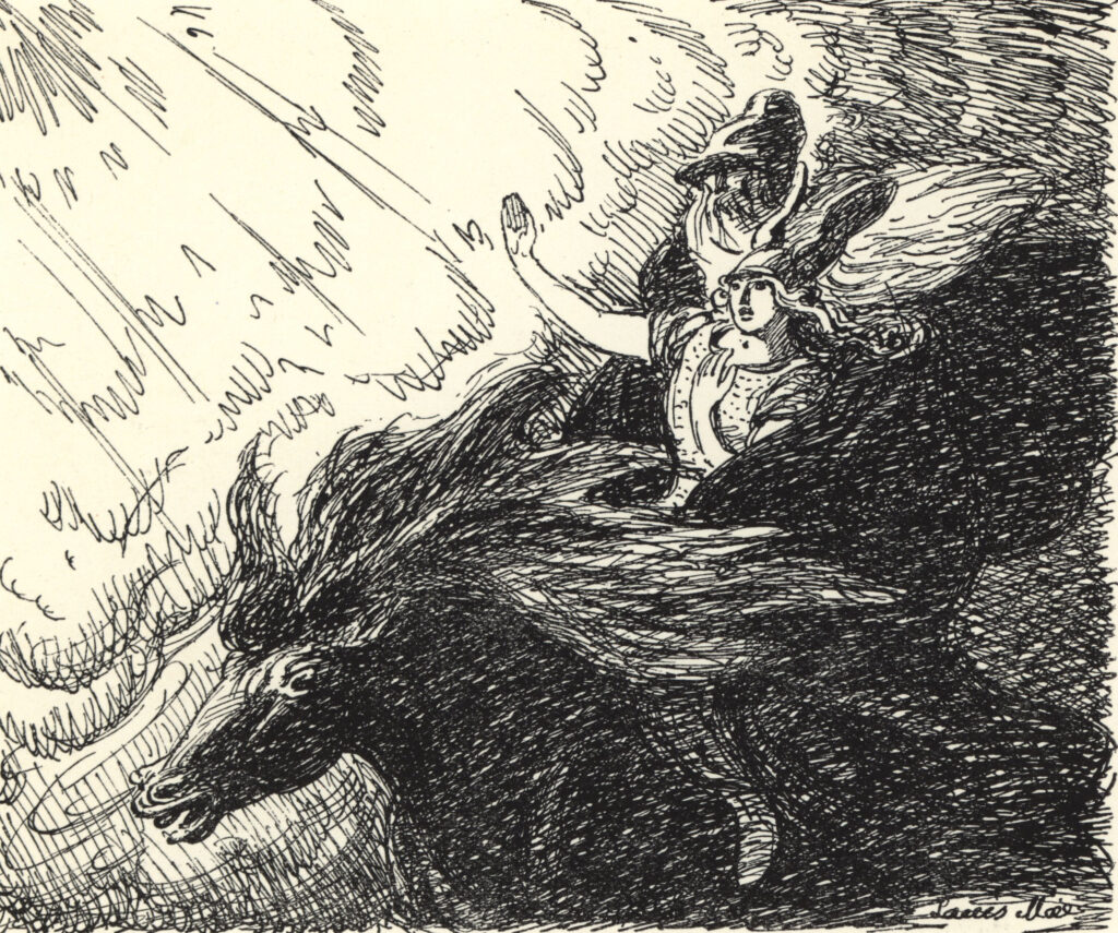 Odin and Sleipnir carrying Verbjorg to Valhalla, by Louis Moe, 1930. Source: University of Victoria, Canada