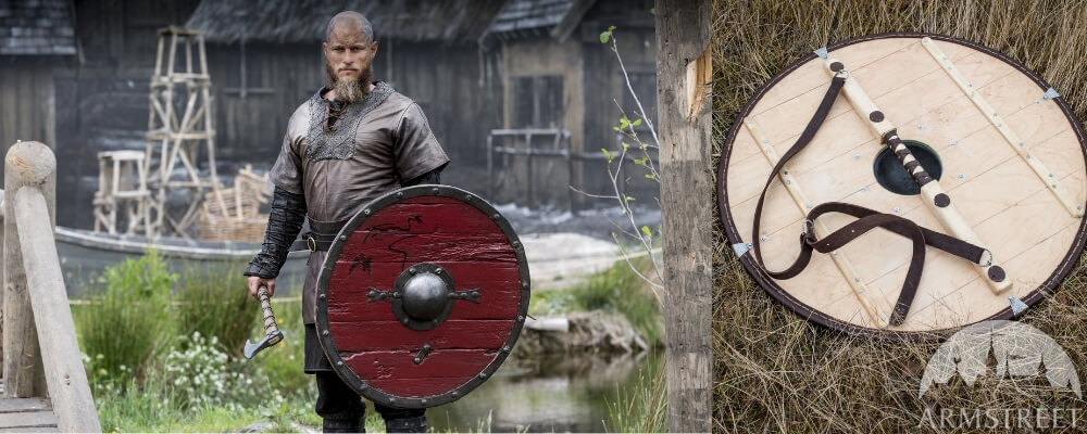 the classic viking shield is in wood, round with flashy colors