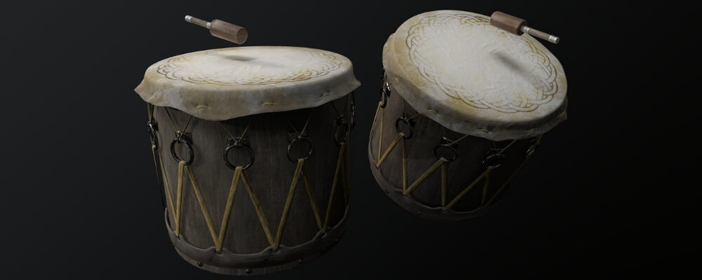 Viking drums, as both musical rhythm instruments, and for religious and practical purposes.