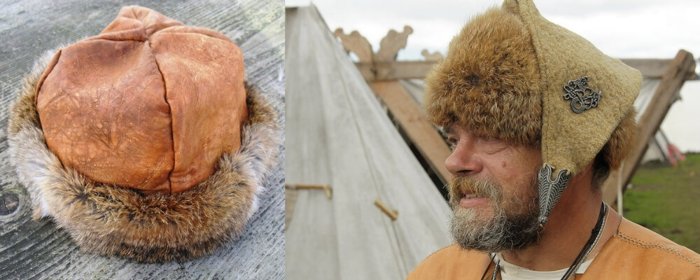 traditional hat of viking in sheepskin leather and furrur. A second model with a frygian style