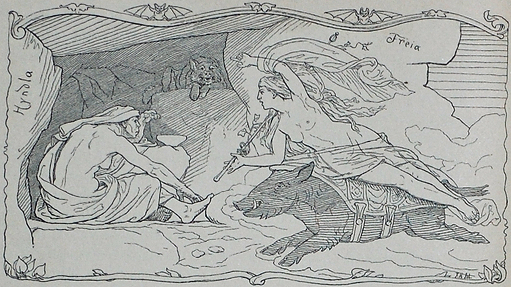 Freya riding her boar Hildisvíni, who is her lovr Ottar in disguise, to find his giant father., by Lorenz Frohlich, 1895. Source: University of Victoria, Canada