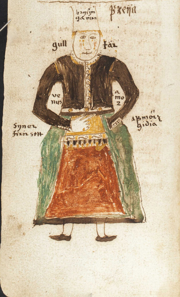 Drawing of Freya from Icelandic manuscript AM 738 4to, fol. 36v, 1680. Source: Stofnun Árna Magnússonar á Íslandi