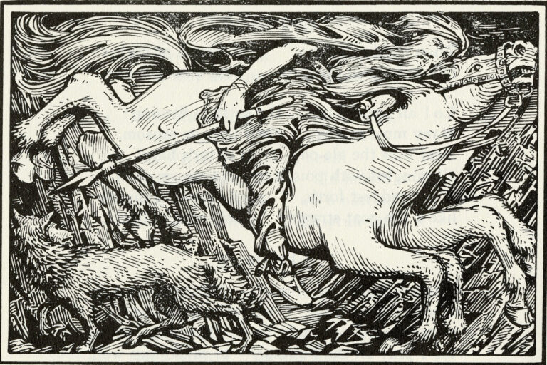 Hermodr riding Odin's steed Sleipnir to Helheim, by W.G. Collingwood 1908