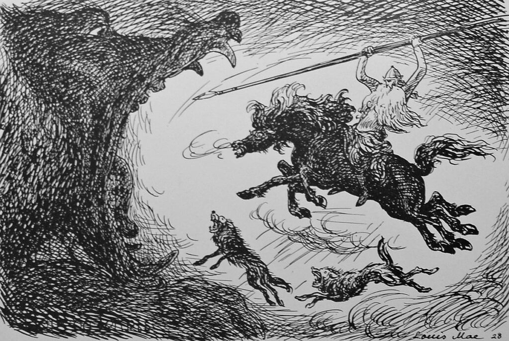 Óðinn charging at Fenrir, who will devour him, at the Battle of Ragnarök, by Louis Moe, 1929