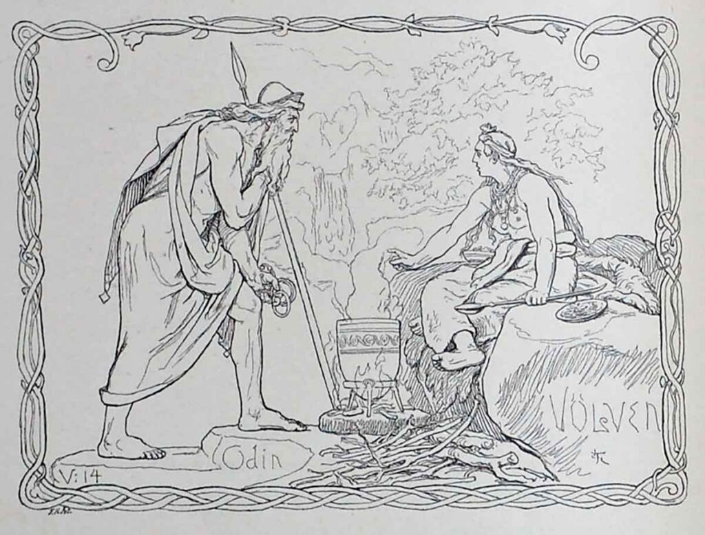 Odin Consulting the Seeress, by Lorenz Frølich, from Ældre Eddas Gudesange, translated by Karl Gjellerup, 1895. Source: My Norse Digital Image Repository