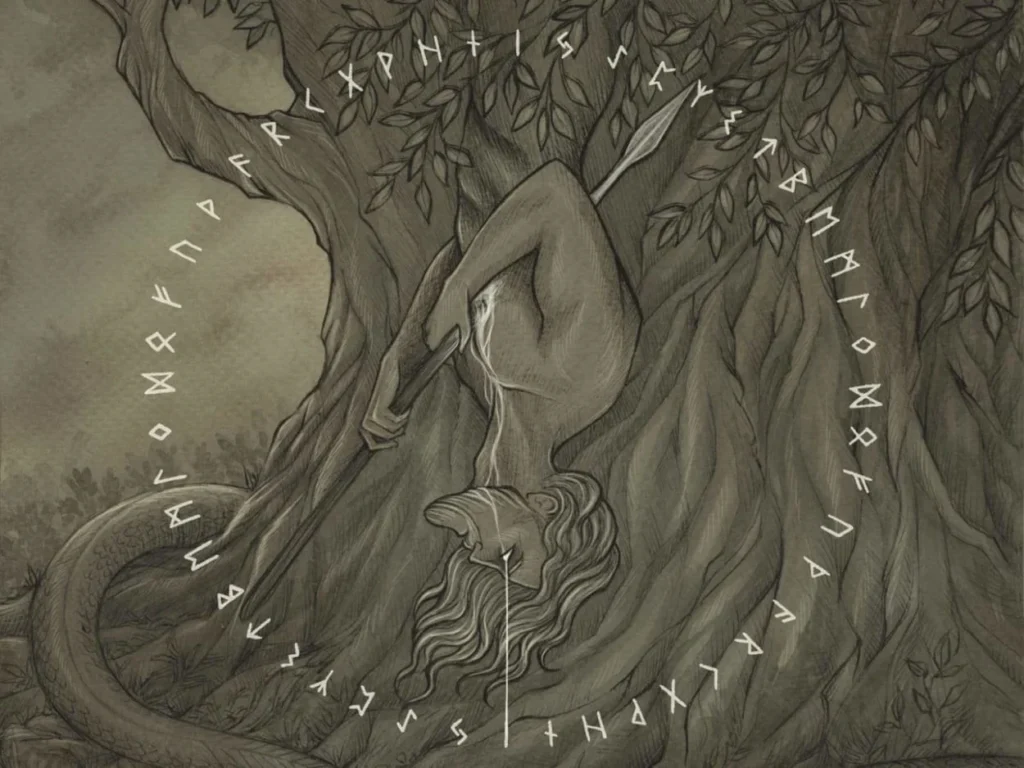 Odin hanging from Yggdrasil to discover the runes