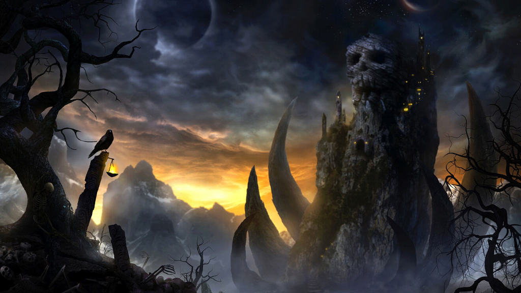  A dark and stormy night sky is depicted with a large skull-shaped mountain in the center, representing the Norse realm of Helheim, and a bright, celestial landscape on the left representing Valhalla.