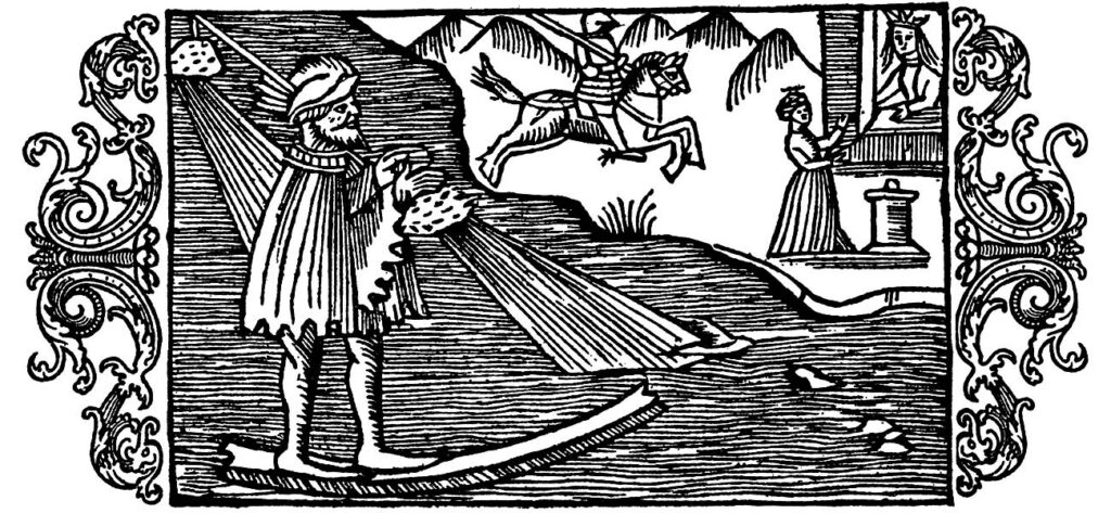 Ollerus traverses the sea on his magic bone; 16th-century woodcut