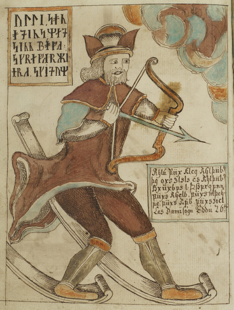Ullr on skis as described in Gylfaginning in Snorri's Edda, Nks 1867 4to, fol. 92v, 1760