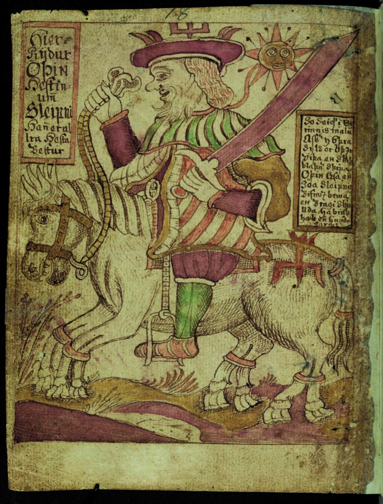 Odin reitet Sleipnir, Manuskript SAM 66, fol. 80v, 1765. Quelle: Stofnun Árna Magnússonar ￼í ￼íslenskum￼ ￼fræðum ￼in Island