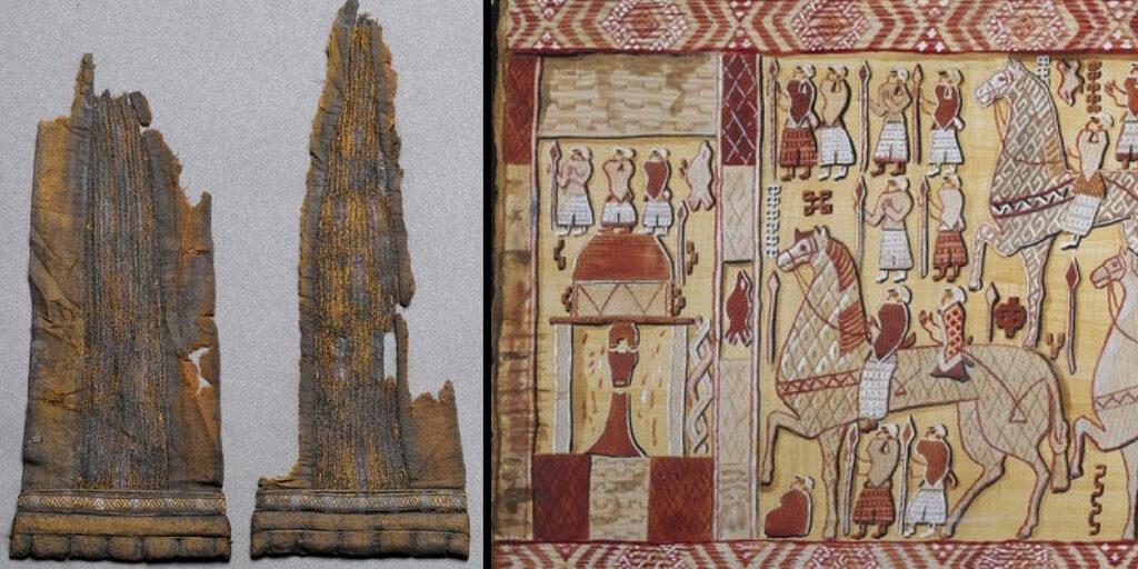 Mit Gold bestickter Stoff, der in einem Grab entdeckt wurde, und ein Beispiel für einen Oseberg-Wandteppich