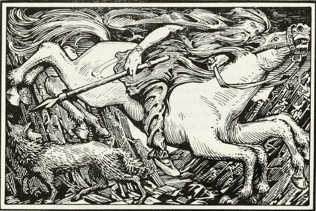 Hermodr reitet auf Odins Ross Sleipnir nach Helheim, von WG Collingwood 1908