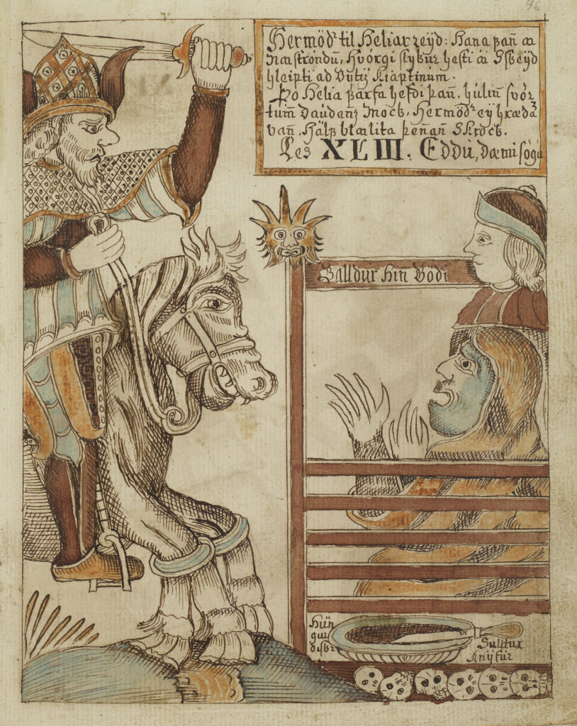 Hermóðr chevauchant Sleipnir jusqu'à Hel pour tenter d'obtenir la libération de Baldr, Manuscript Nks 1867 4to, fol 96r, 1760. Source : Det Kongelige￼ ￼Bibliothèque ￼de Copenhague