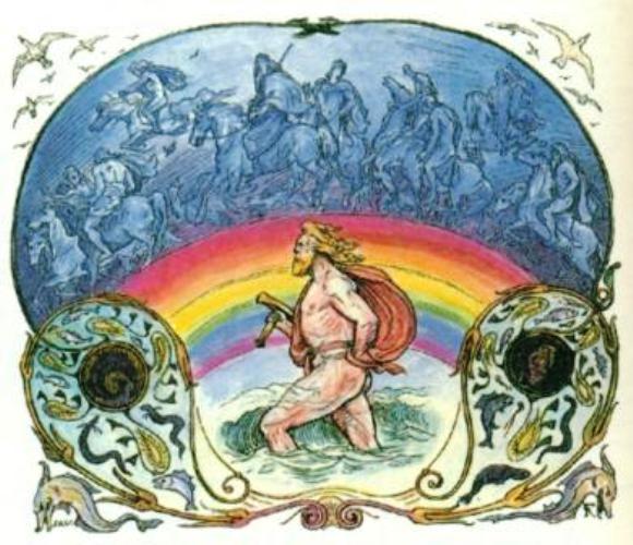 Les dieux traversent quotidiennement le Bifrost comme Thor à pied, par Lorenz Frølich (1885)