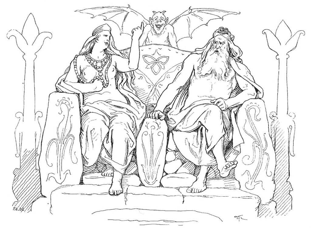 Frigg et Odin sont assis à Hliðskjálf et contemplent « tous les mondes », par Lorenz Frølich (1895)
