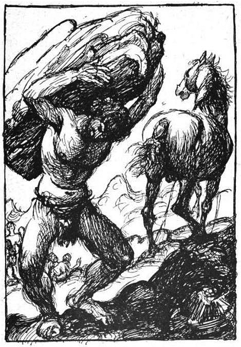 Représentation du maître d'œuvre anonyme avec le cheval Svaðilfari, par Robert Engels (1919)