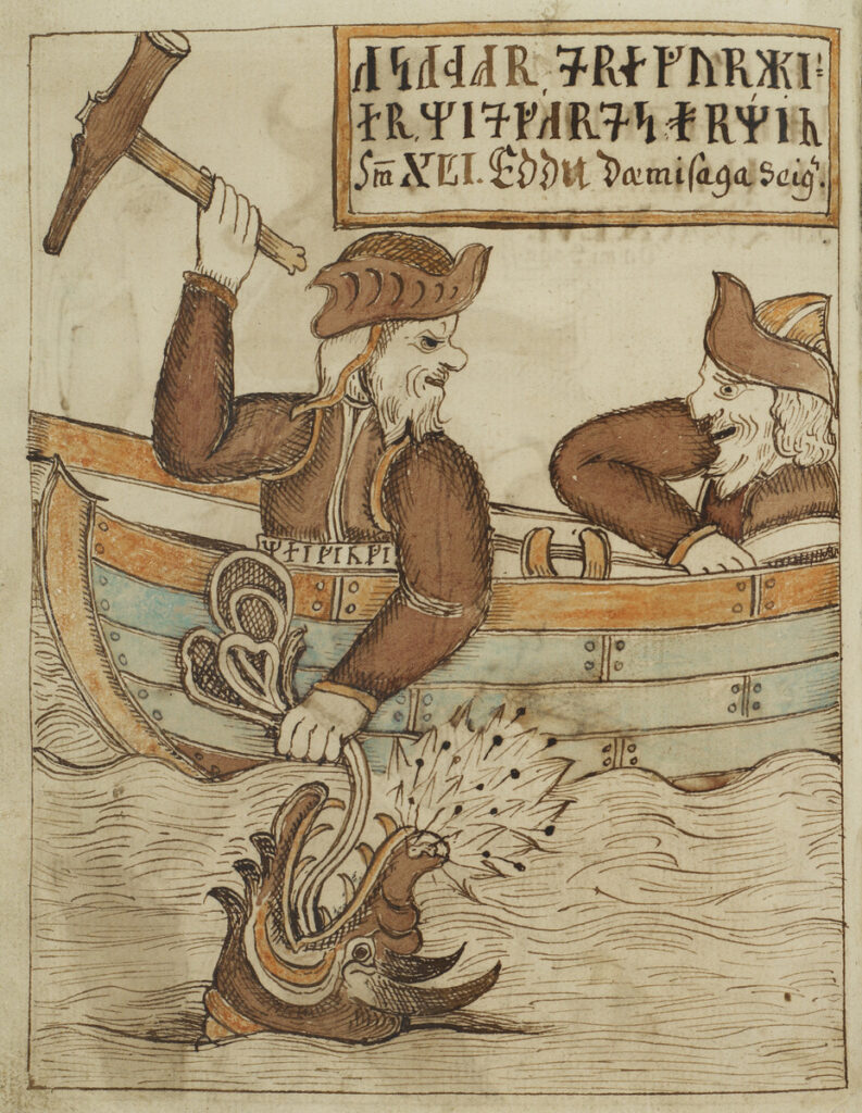 Illustration manuscrite de Thor pêchant Jörmungandr avec le géant Hymir. Source : manuscrit Nks 1867, in-4, 93 vol., 1760