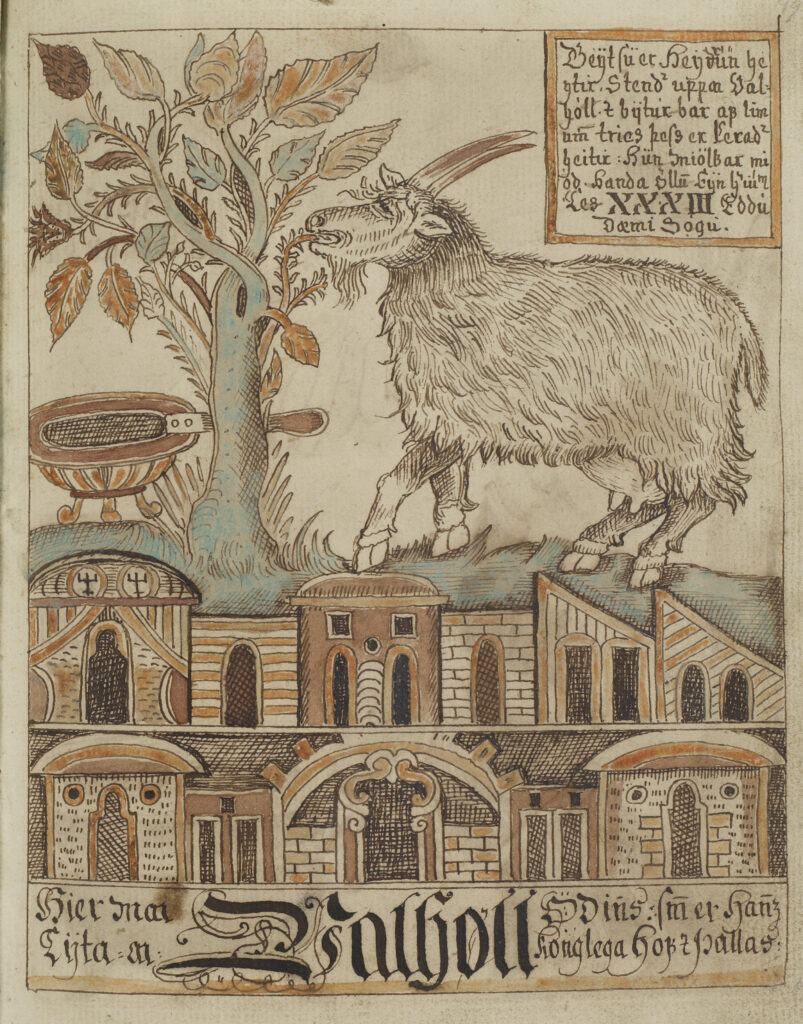Image du Valhalla tirée d'un manuscrit islandais du XVIIIe siècle (Nks 1867 4to)