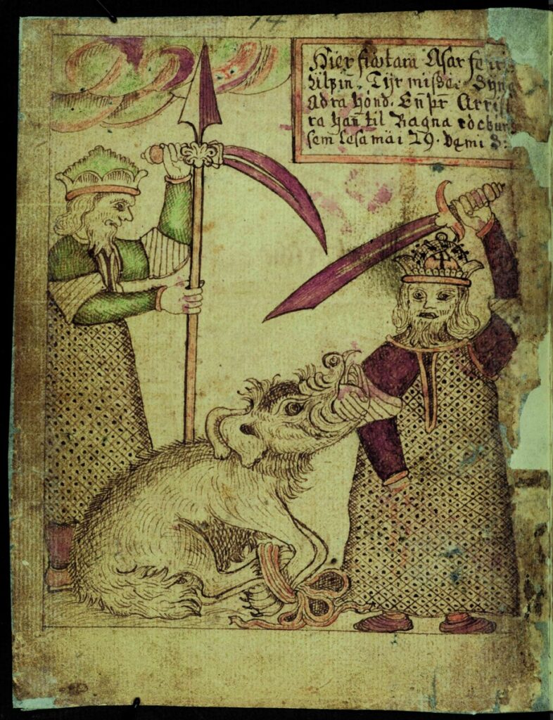 Illustration manuscrite représentant Fenrir et Tyr. Source : SÁM 66 in-4°, 78 vol., 1765