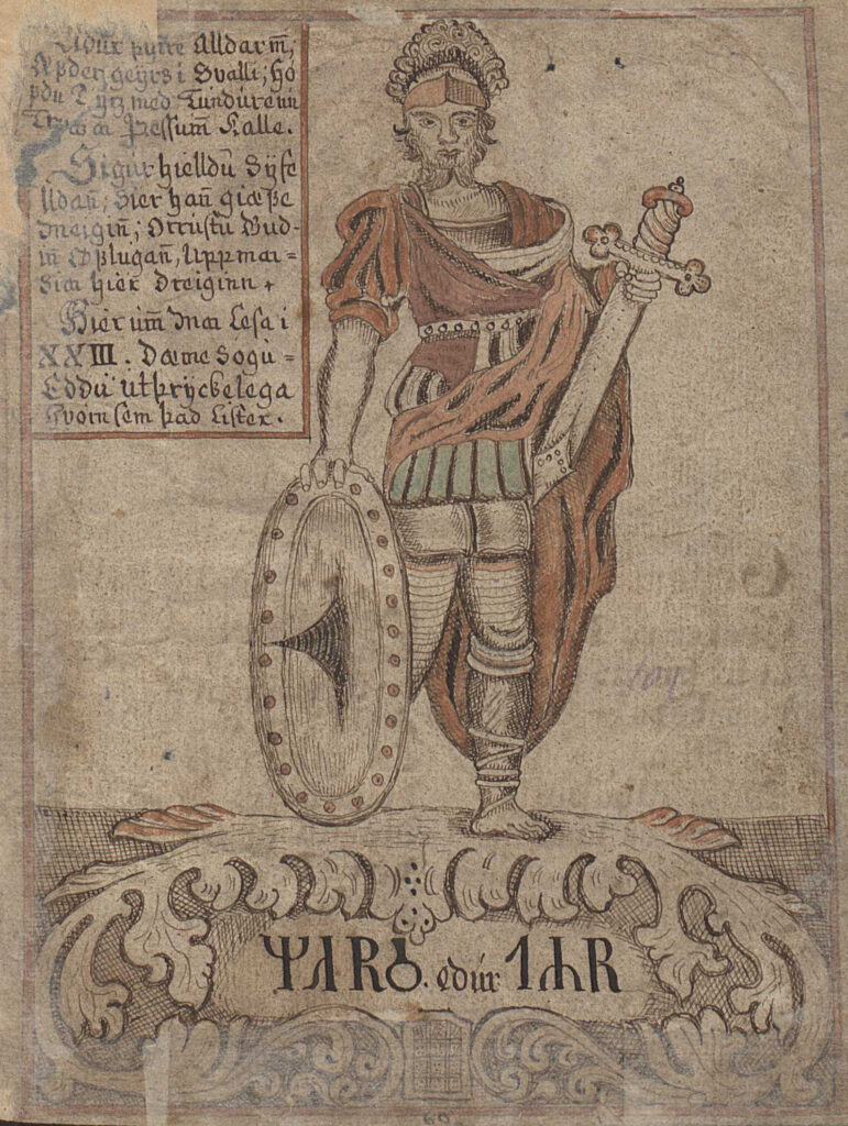 Illustration manuscrite de Tyr en tant que dieu romain Mars, IB 299 in-4°, fol. 60r., 1764. Source : Bibliothèque nationale d’Islande