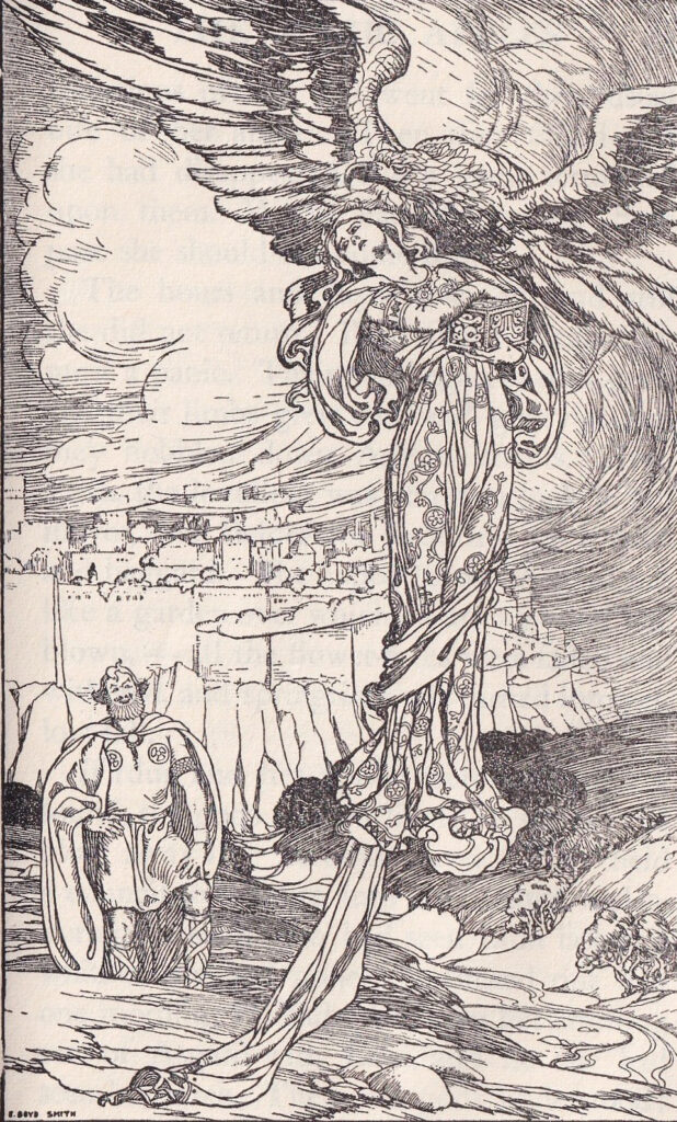 Dessin de l'enlèvement d'Idun avec Asgrard en arrière-plan, par Elmer Boyd-Smith (1930)