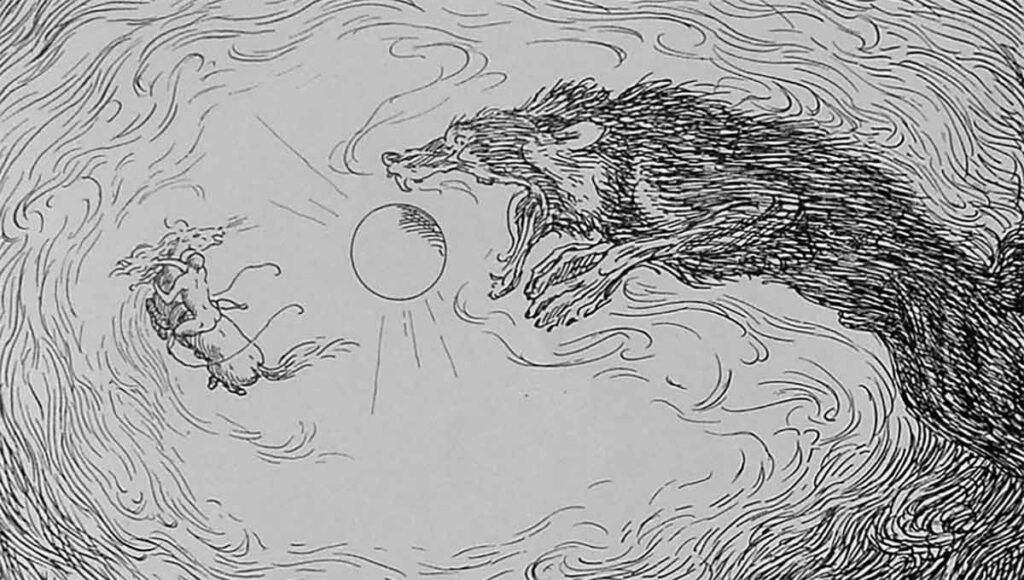 Skoll, illustration de Louis, tirée de Ragnarok : En Billeddigtning , 1929