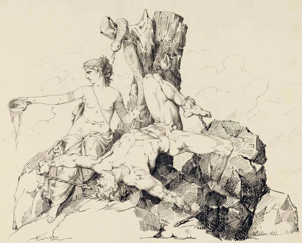 Loke et Sigyn, dessin à la plume et à l'encre sur papier de Carl Wahlbom, 1833. Source : Musée national de Suède.
