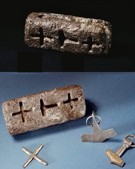 10th century soapstone mould from Trendgaarden, Denmark, for casting both pagan Mjölnir amulets and Christian crosses