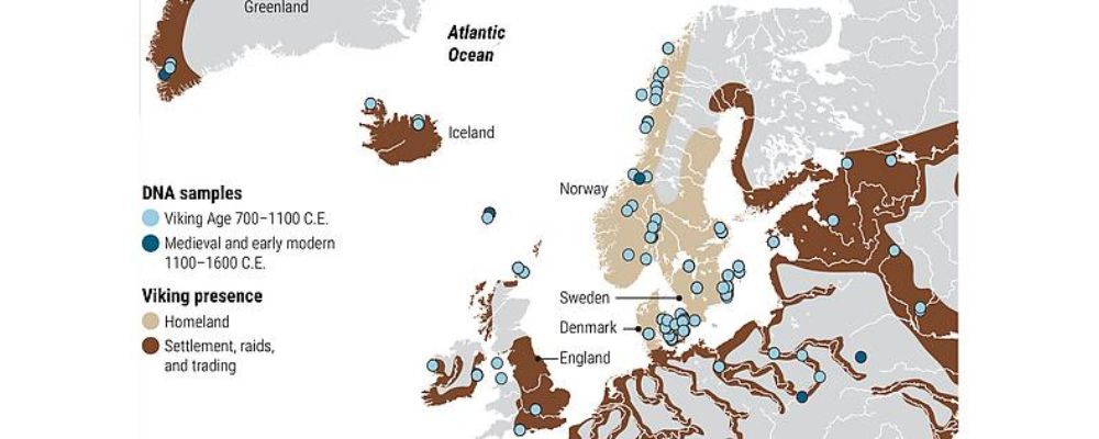 Carte des lieux où l'ADN des Vikings a été recueilli