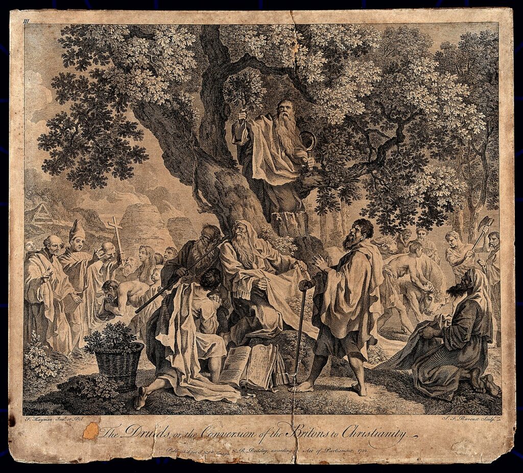 « Les druides ; ou la conversion des Bretons au christianisme ». Gravure de S.F. Ravenet, 1752, d'après F. Hayman.