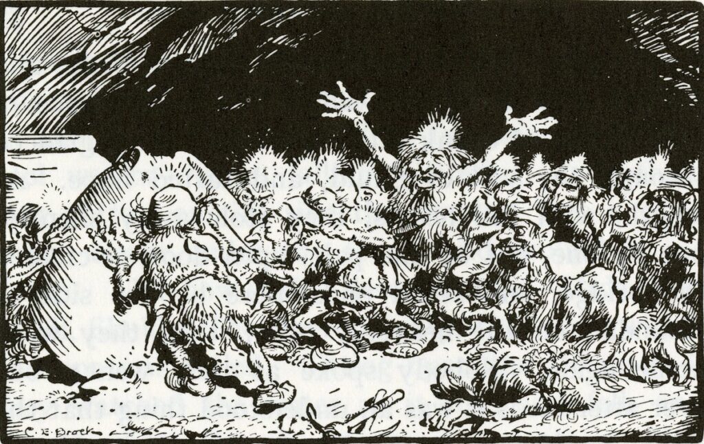 Dwarves drinking the Mead of Poetry made from the blood of Kvasir, by C.E. Brock, 1930. Source: University of Victoria, CA