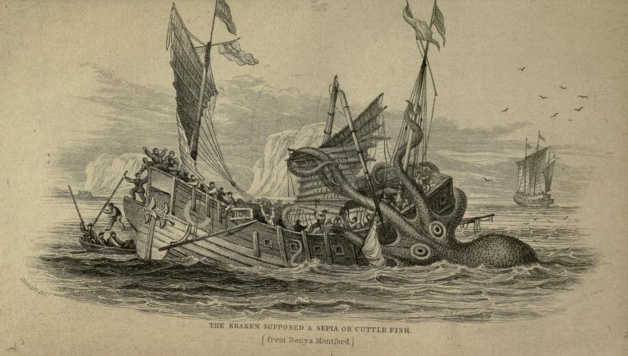 Kraken, ein unbestätigter Kopffüßer.[a] Kupferstich von W. H. Lizars, 1839. Quelle: Universitätsbibliothek von Kalifornien
