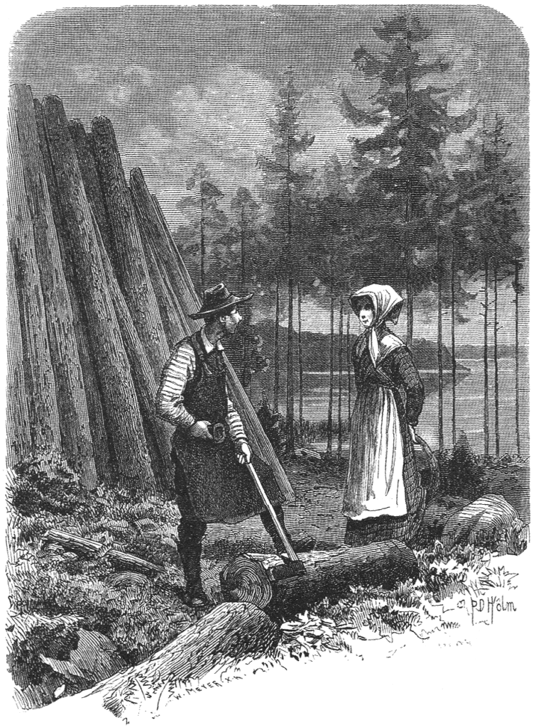 A hulder is talking with a charcoal burner. She looks like a young farmer woman, but her tail is peeking out under her skirt. By Herman Hofberg, 1882