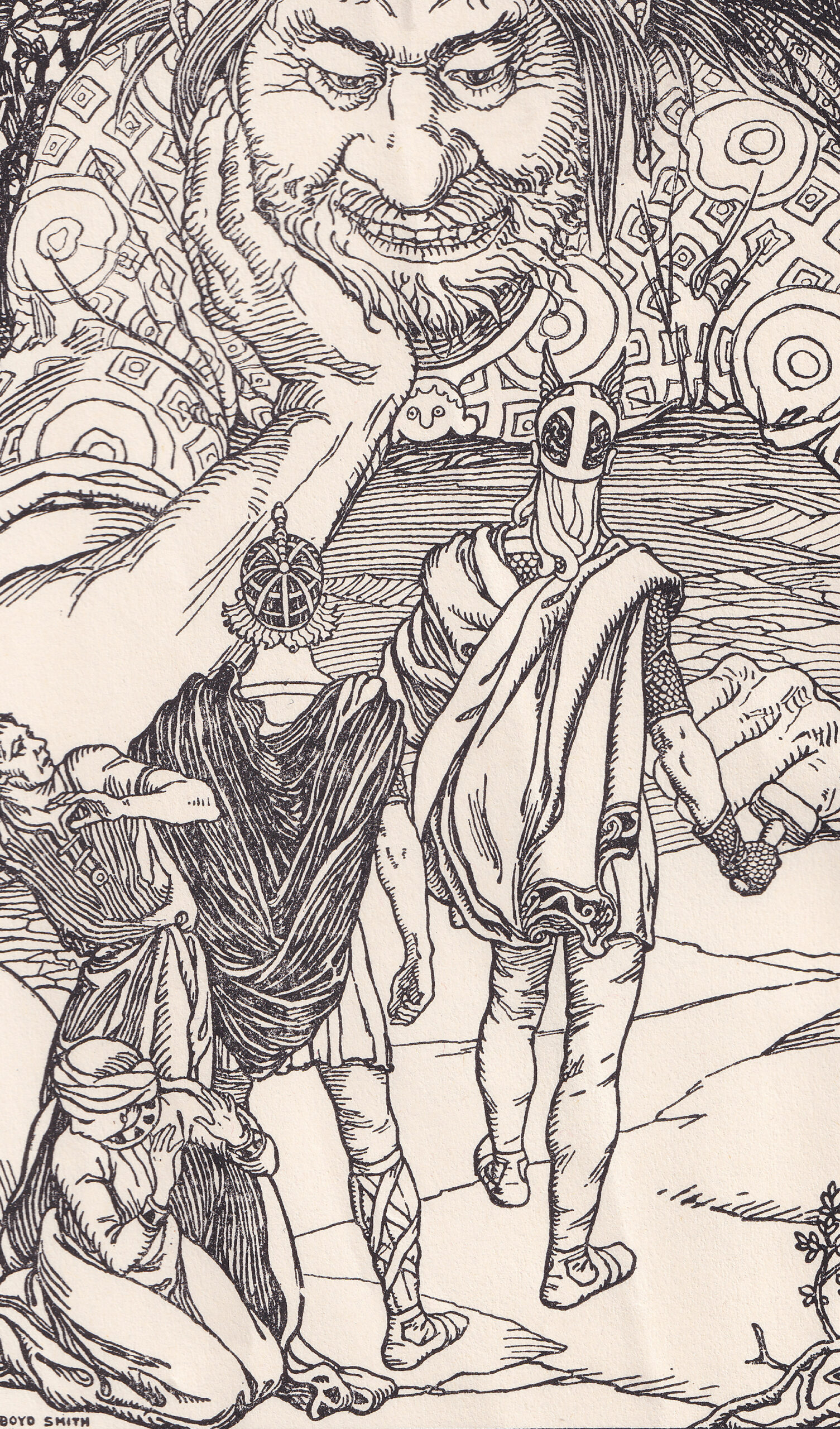 Thor et ses compagnons de voyage affrontent le géant Utgard-Loki, par Elmer Boyd Smith, 1930. Source : Université de Victoria, Canada