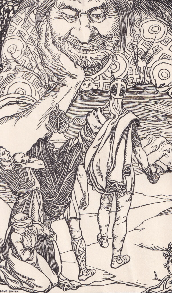 Thor and his traveling companions confront the Jotun Utgard-Loki, by Elmer Boyd Smith, 1930. Source: University of Victoria, Canada