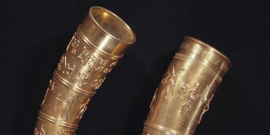 Cornes d'or de Galléhus, l'une avec une inscription runique et l'autre avec des pictogrammes pouvant être chiffrés.