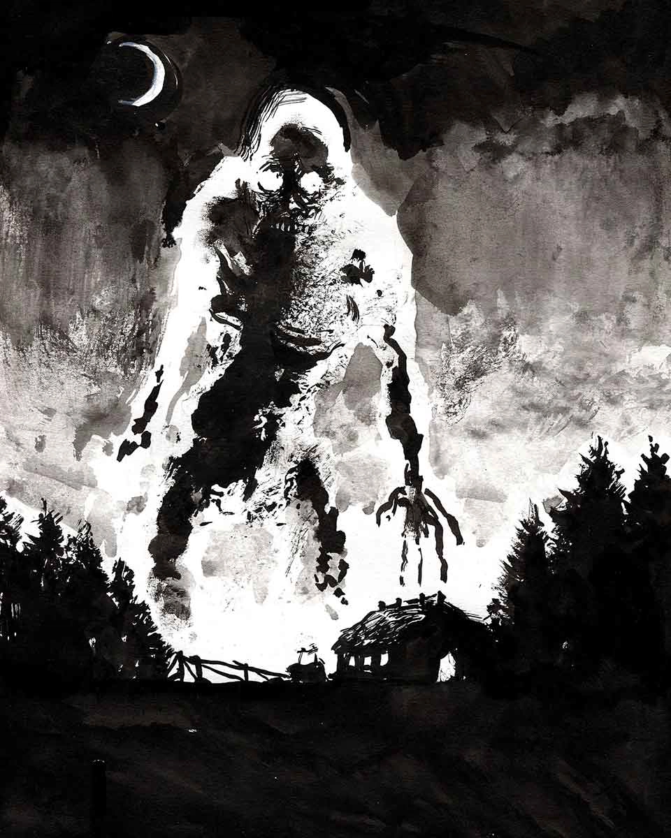 Dessin à l'encre d'un draugr, par Kim Diaz Holm, 2024. Source : Wikimedia Commons