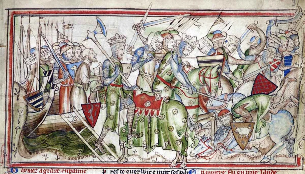La bataille de Fulford, extraite de la Vie d'Édouard le Confesseur, par Matthieu Paris, vers 1236. Source : Université de Cambridge