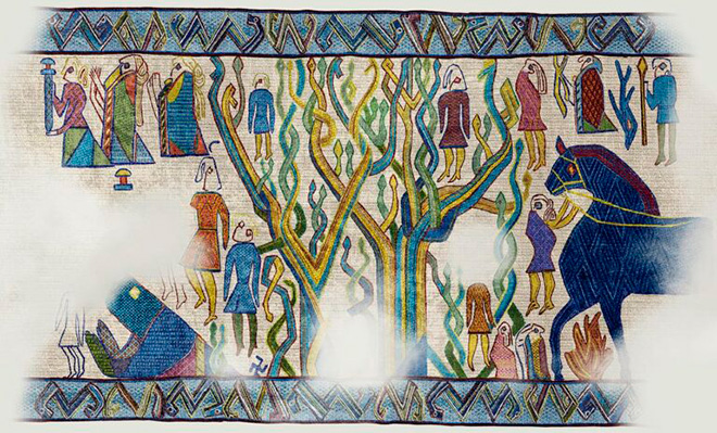 Rekonstruktion eines Teils des Oseberg-Wandteppichs, der Yggdrasil zeigt