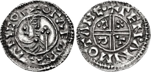 Pièce de monnaie de Sven à la Barbe Fourchue, frappée au Danemark en 995, portant la première inscription latine connue de Scandinavie.