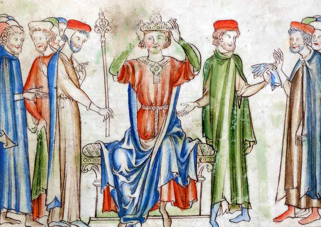 Harold Godwinson se couronne, extrait de La Vie d'Édouard le Confesseur, XIIIe siècle