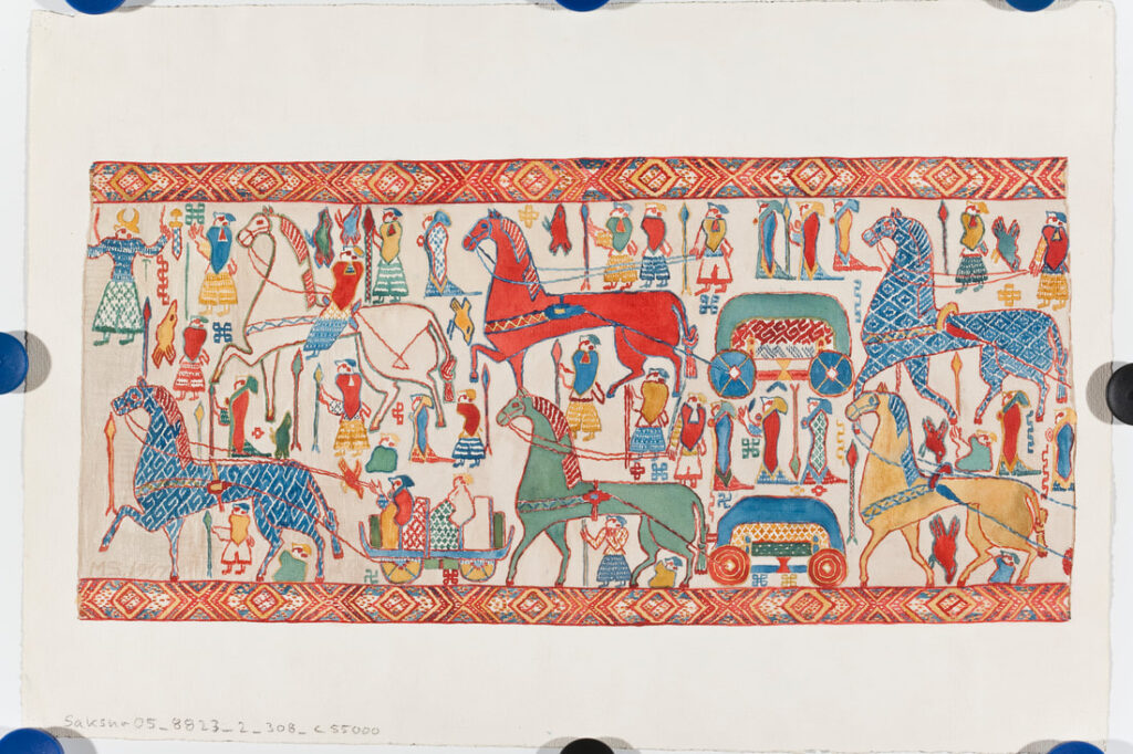 Rekonstruktion eines Teils des Oseberg-Schiffsteppichs, der Wagen in einer Prozession zeigt