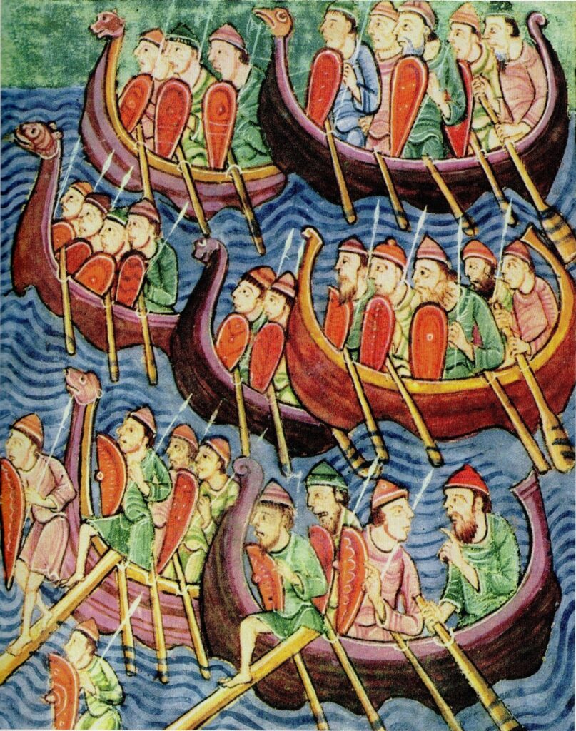 Dänen landen von Schiffen, aus MS M.736 Folio 9v, ca. 12. Jahrhundert