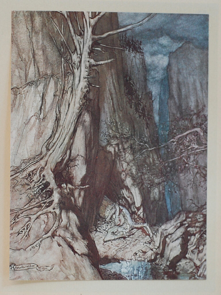 Aquarelle de Fafnir gardant son trésor, par Arthur Rackham, 1939. Source : Université de Victoria