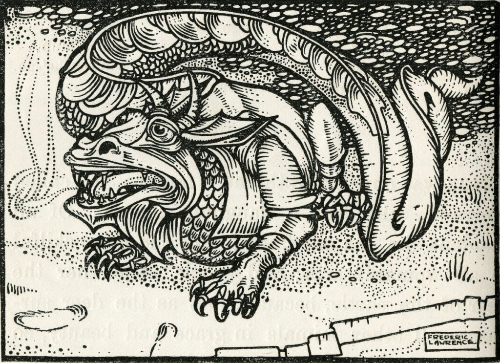 Zeichnung des Lindwurms , der Thora bewachte und von Ragnar getötet wurde, von Frederic Lawrence, 1903. Quelle: Universität von Victoria