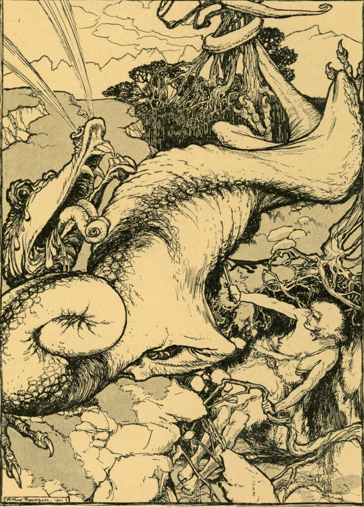 Sigurd erschlägt Fafnir, Arthur Rackham, 1907. Quelle: University of Victoria