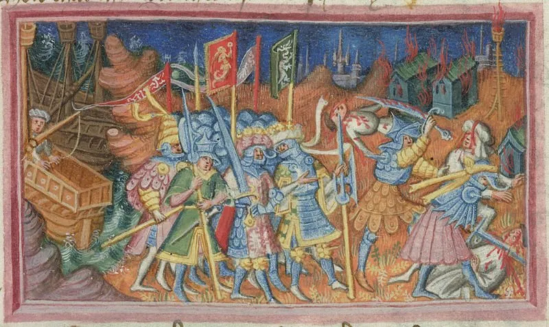 Manuscript showing Vikings killing Christians in northern England, Harley MS 2278 folio 48r.