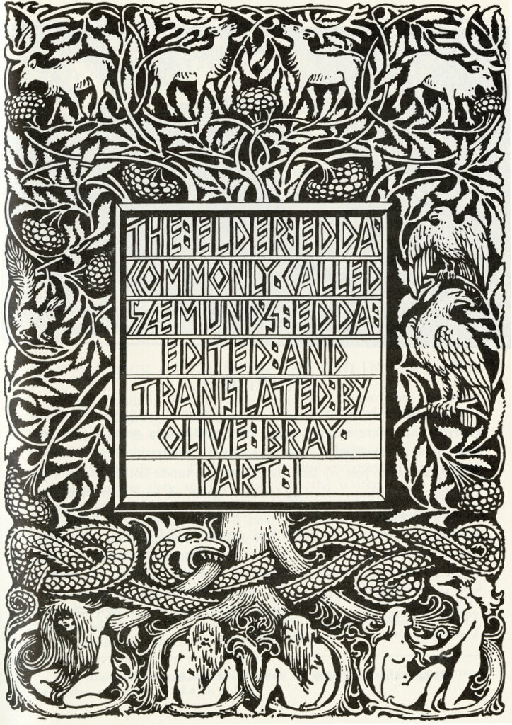 Illustration de la page de titre montrant les habitants d'Yggdrasil, dont le dragon Nidhoggr parmi les putrides retenant les morts, par W.G. Collingwood, 1908. Source : Université de Victoria