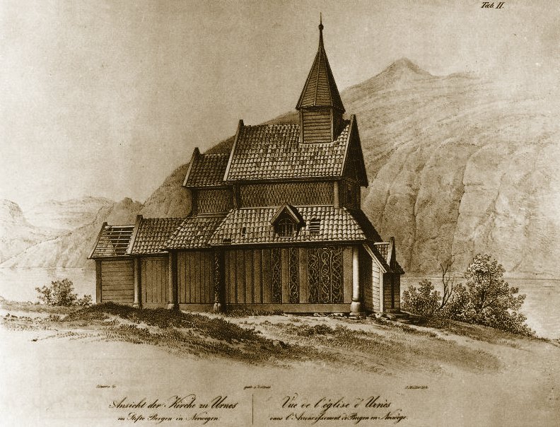 Zeichnung der Stabkirche von Urnes von Johan Christian Dahl