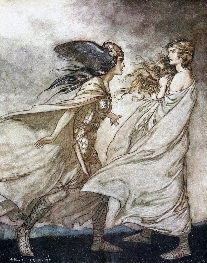 Brynhild and Gudrun, by Arthur Rackham, 1911